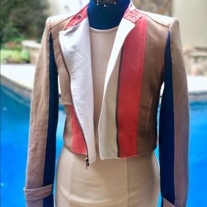 BCBGMAXAZRIA DIXON COLORBLOCK MOTO ORANGE BLUE TAN
